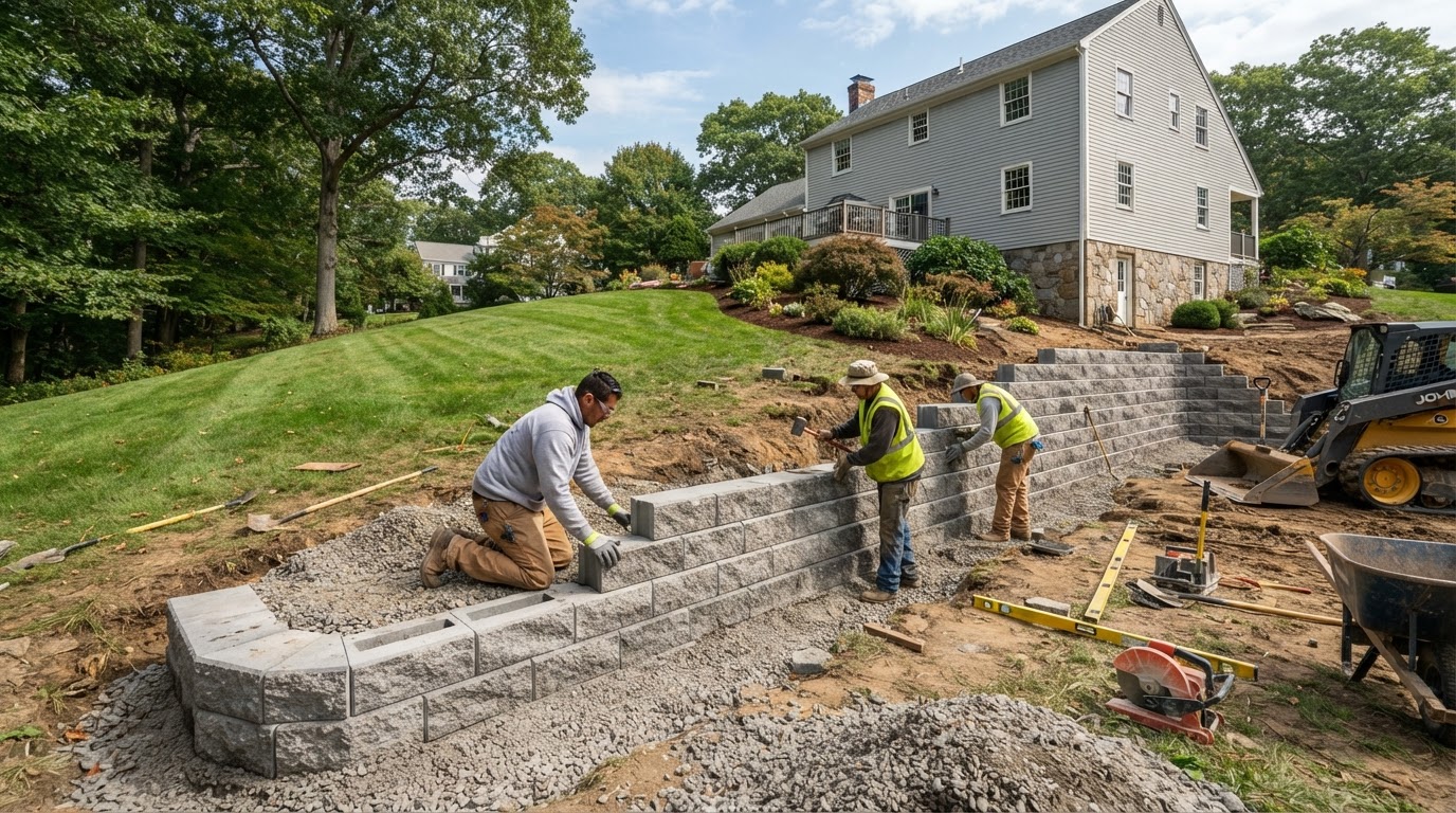 Retaining wall installation in Milford Massachusetts