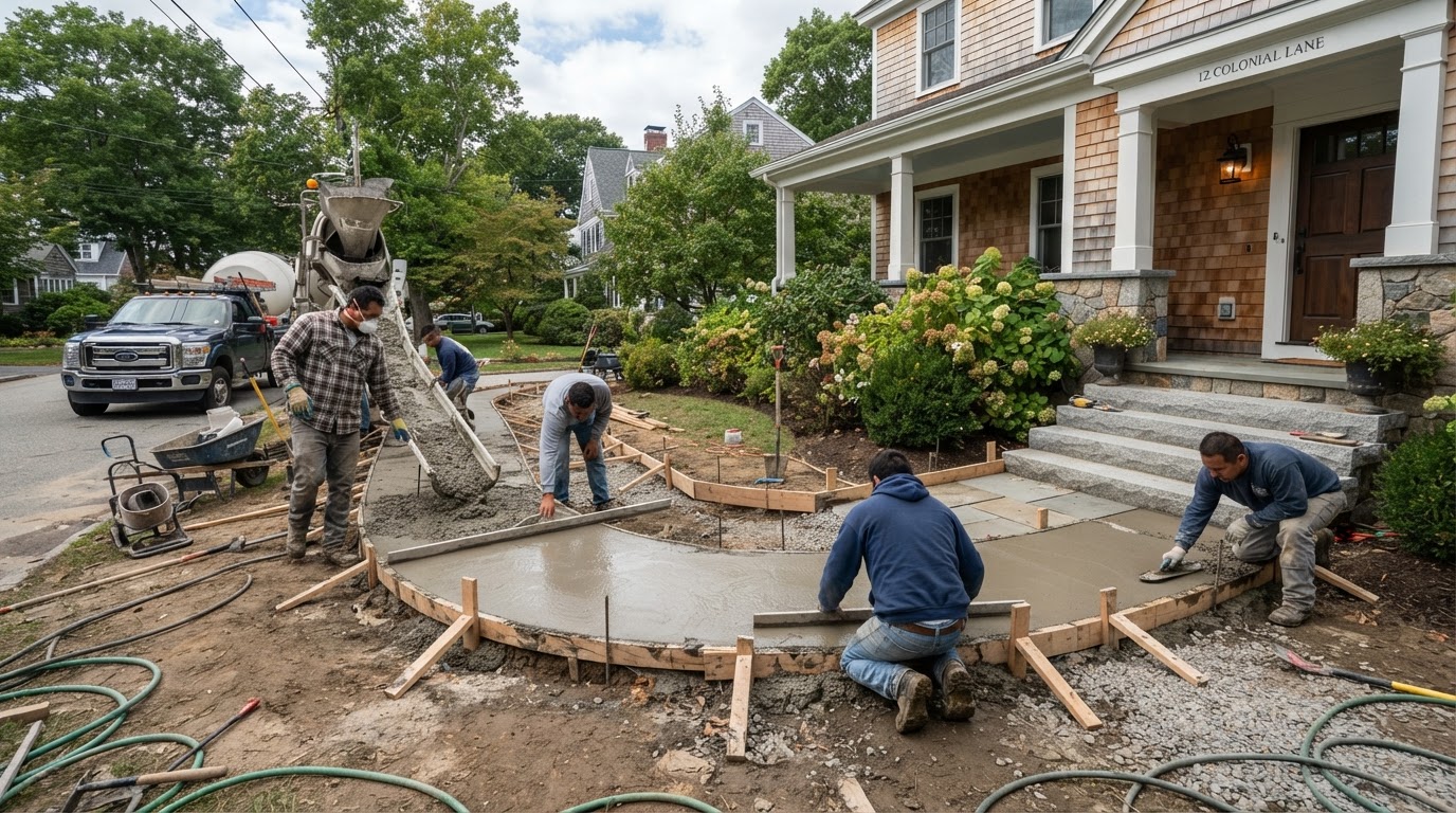 Residential concrete sidewalk installation in Milford Massachusetts
