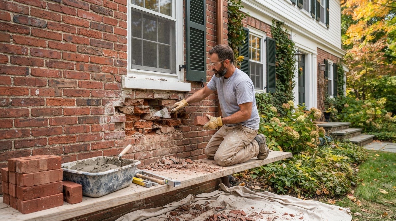Brick repair on a residential masonry wall in Milford Massachusetts