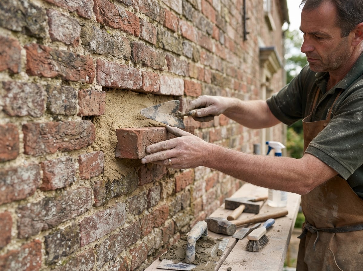 Replacement brick being installed with new mortar joints in Franklin
