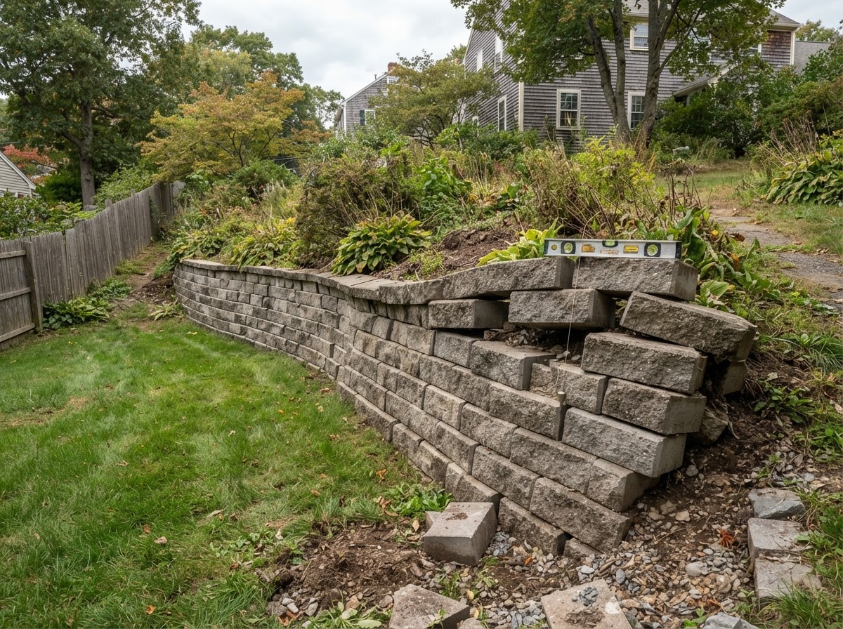 Leaning masonry retaining wall being evaluated for repair