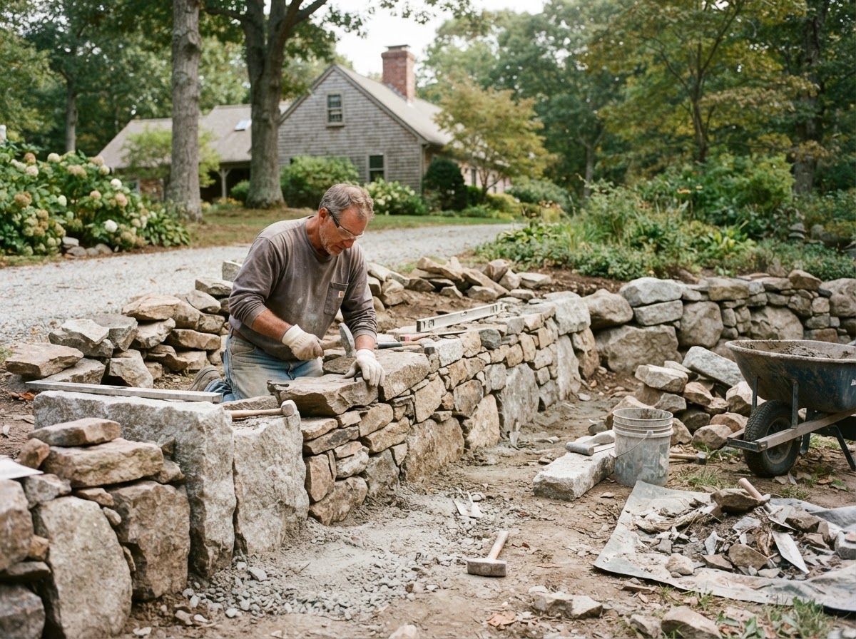 Granite and fieldstone wall installation in progress at a Hopkinton Massachusetts property