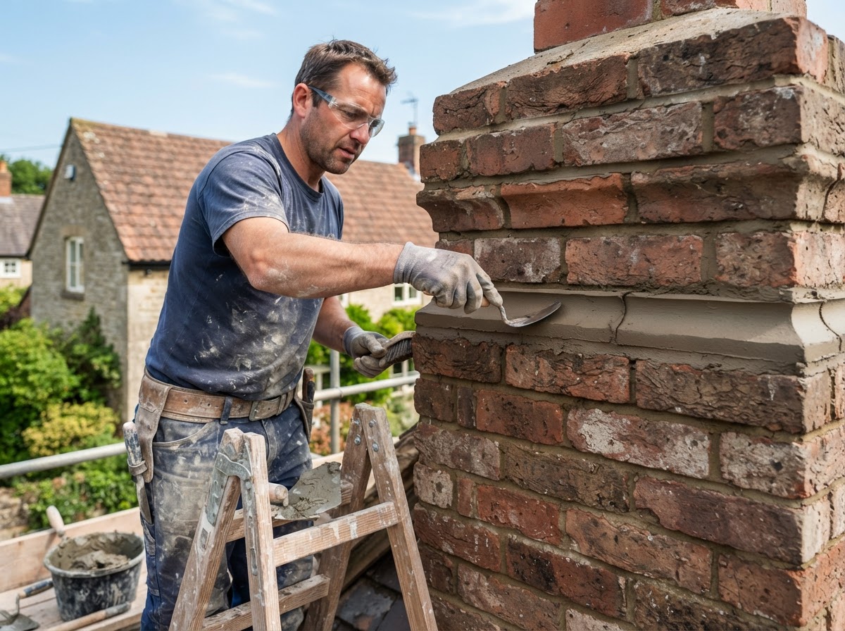 Fresh chimney mortar joints being tooled during repointing