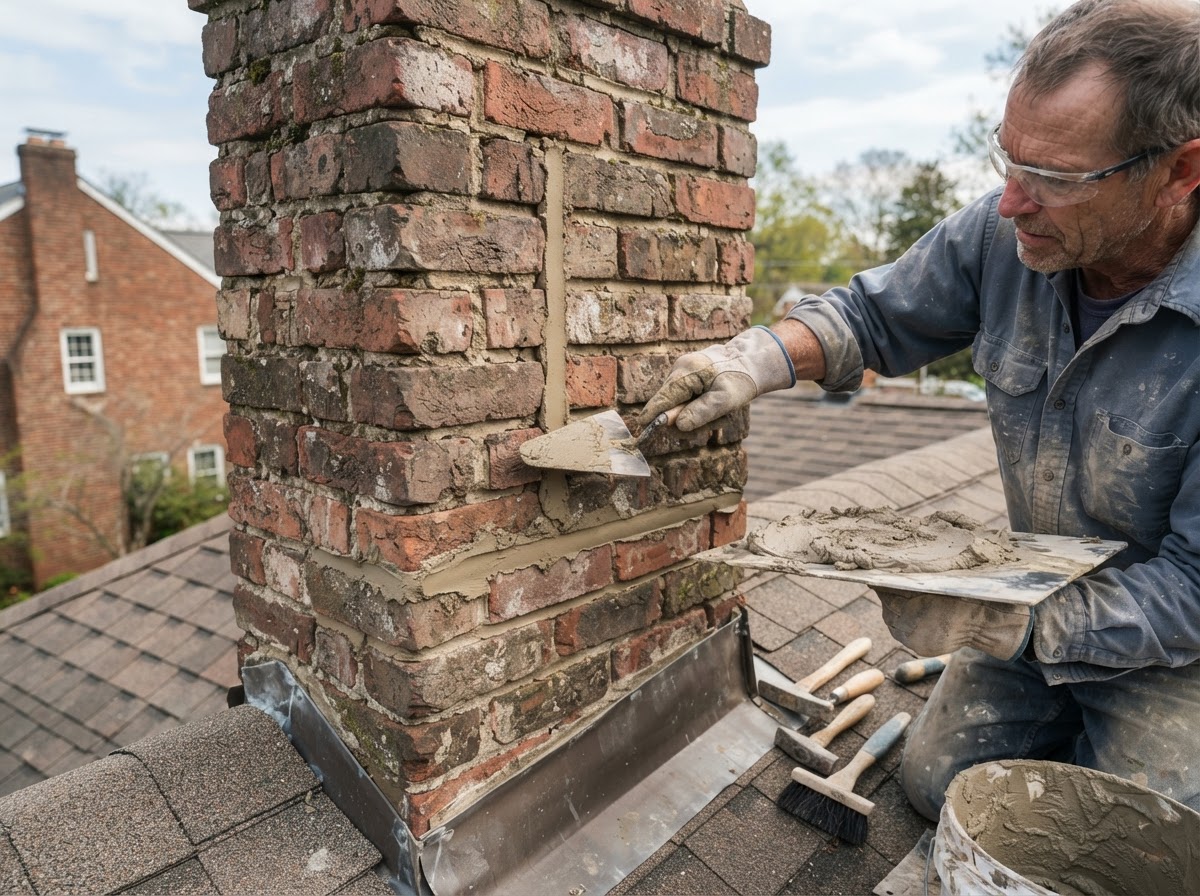Chimney mortar joint repair on a Medway area home