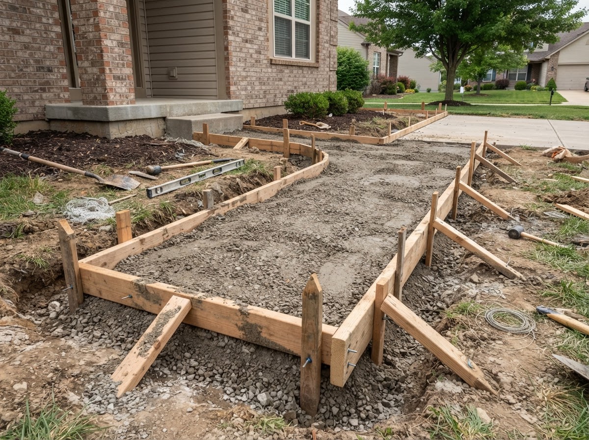 Prepared base and forms for a residential concrete sidewalk in Milford MA