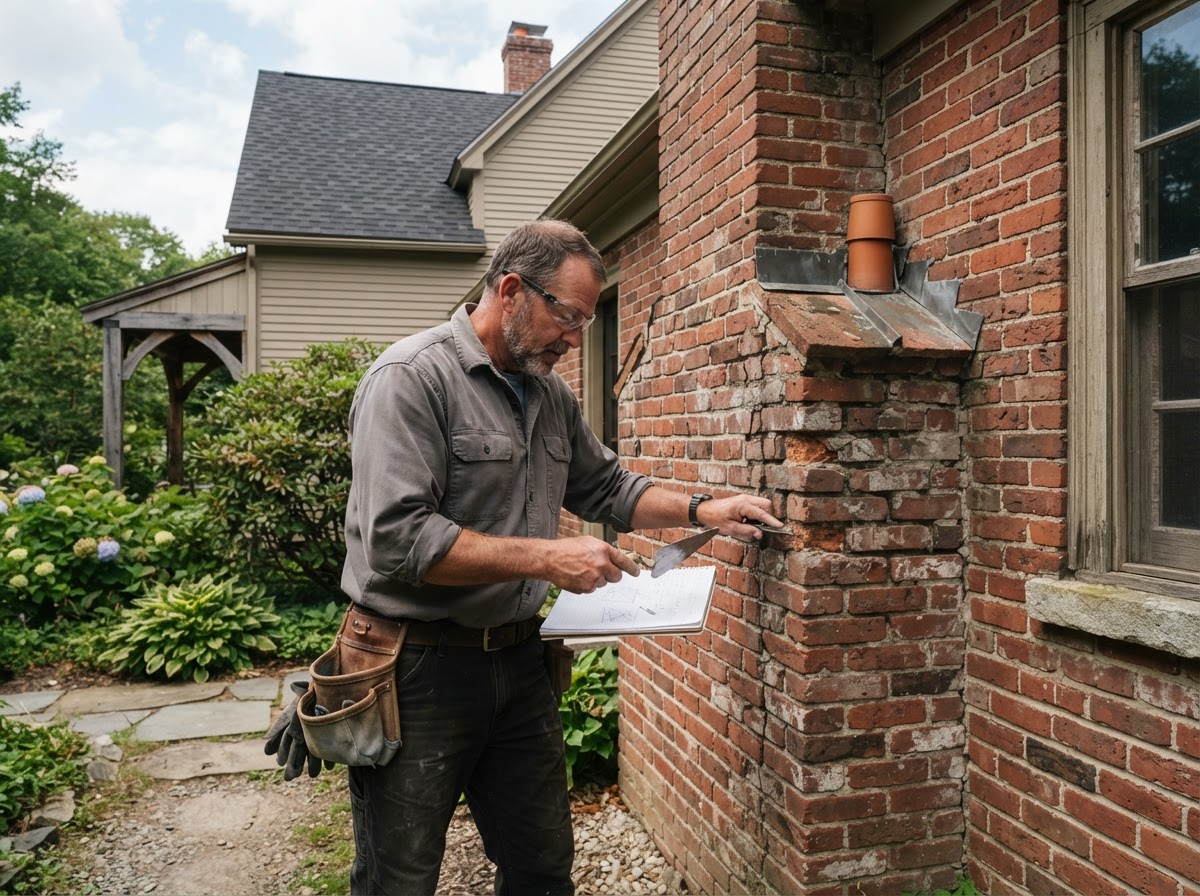Mason evaluating residential masonry before an estimate