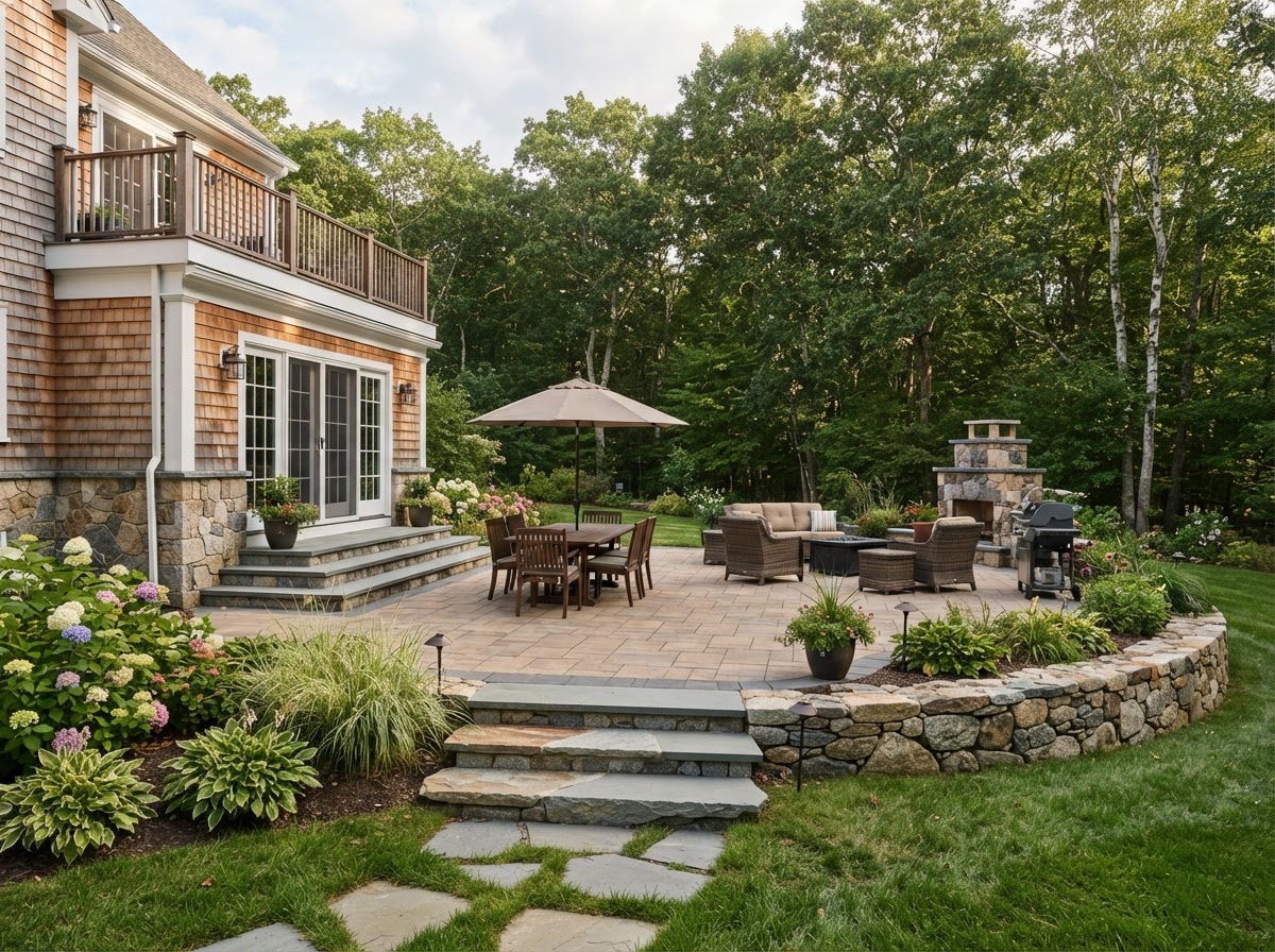 Finished paver and natural stone patio at a Hopkinton area residential property