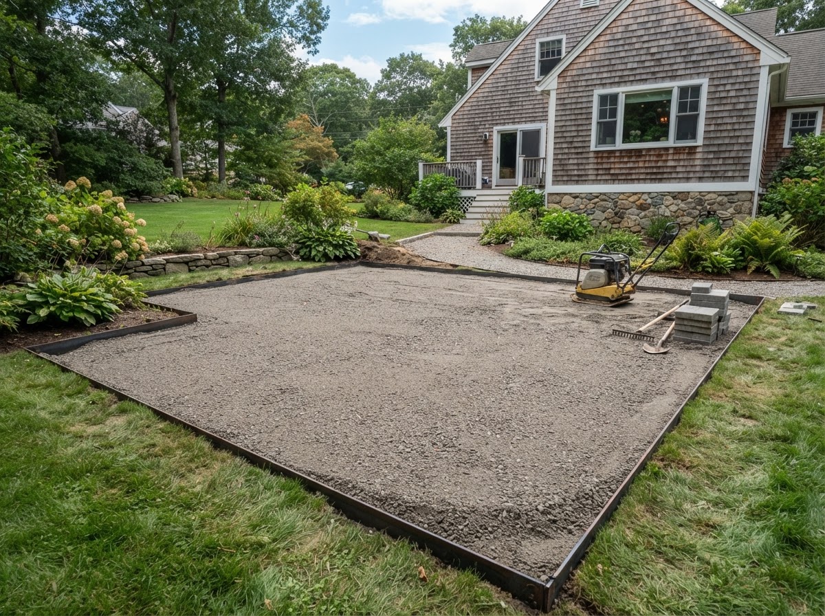 Compacted aggregate base prepared for patio installation at a Hopkinton area property