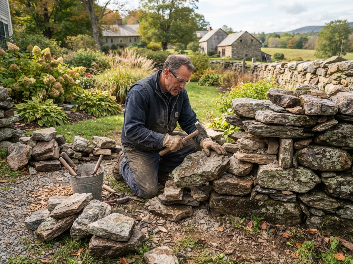 Loose fieldstone being reset during stone wall repair