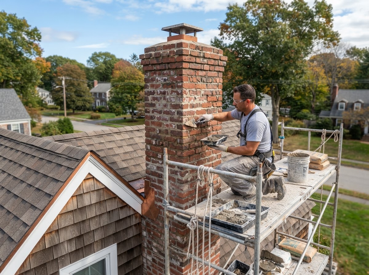 Chimney masonry repair on a Massachusetts home