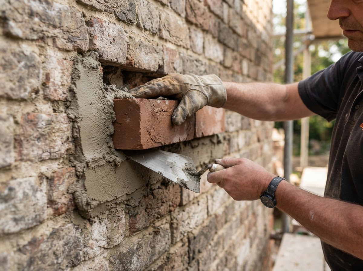 Replacement brick being installed with new mortar joints