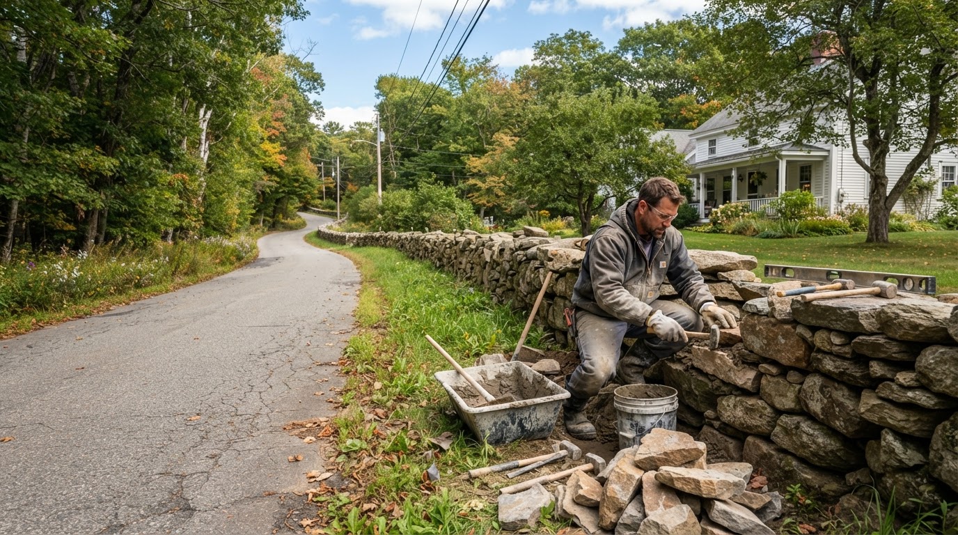 Mason repairing a fieldstone retaining wall along a scenic road in Medway Massachusetts