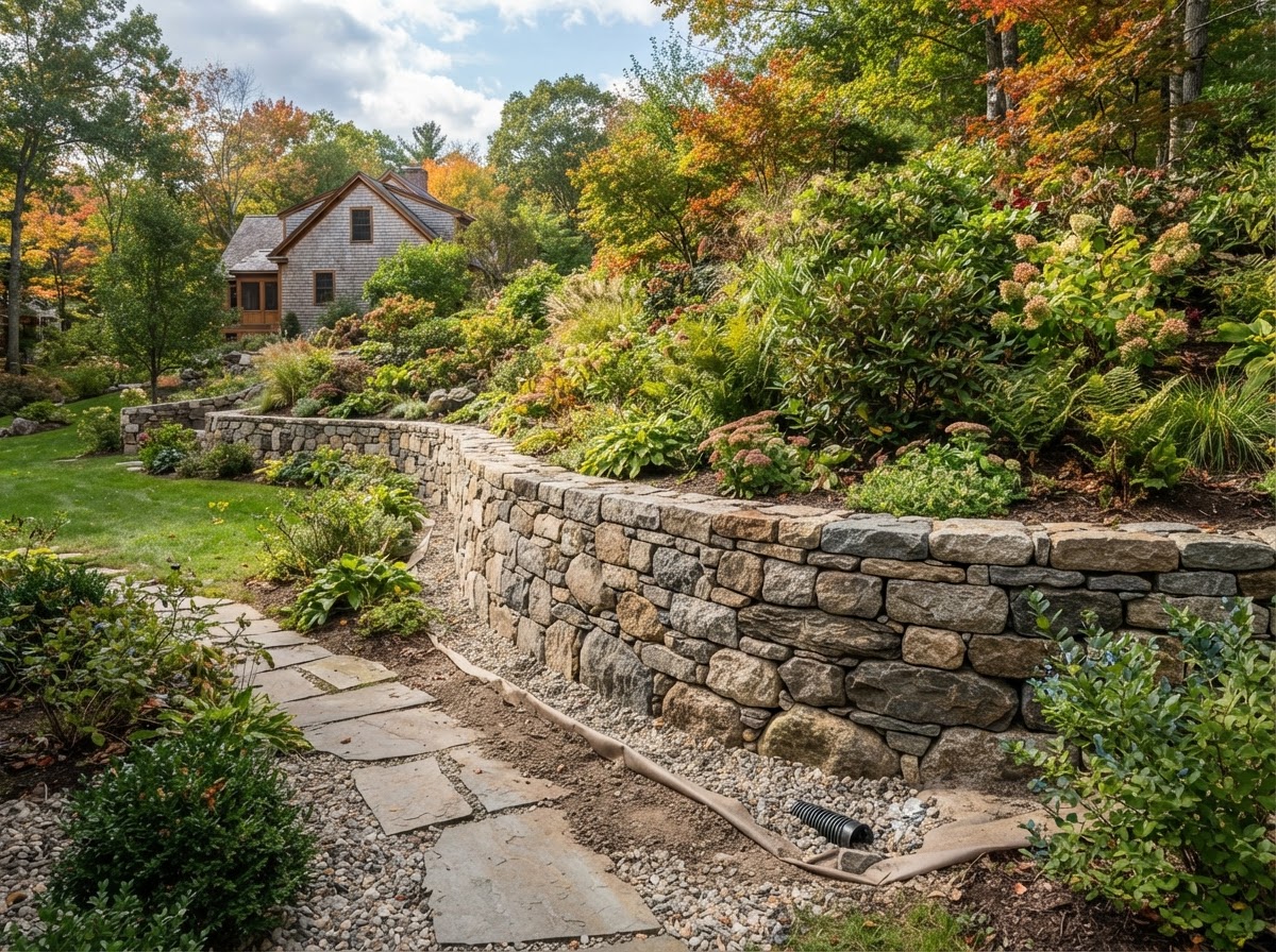 Natural stone retaining wall masonry at a Massachusetts property
