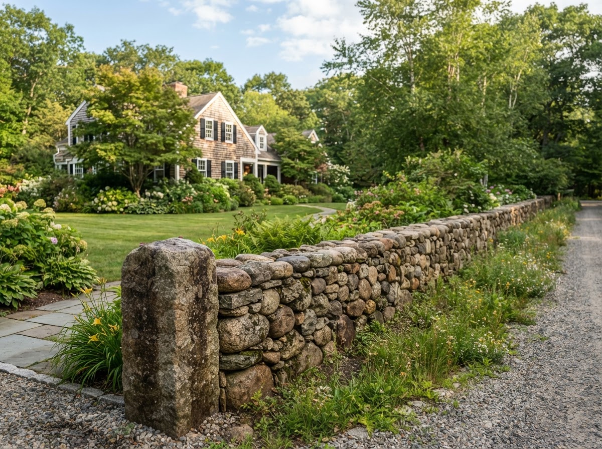 Traditional fieldstone wall repair in Franklin MA