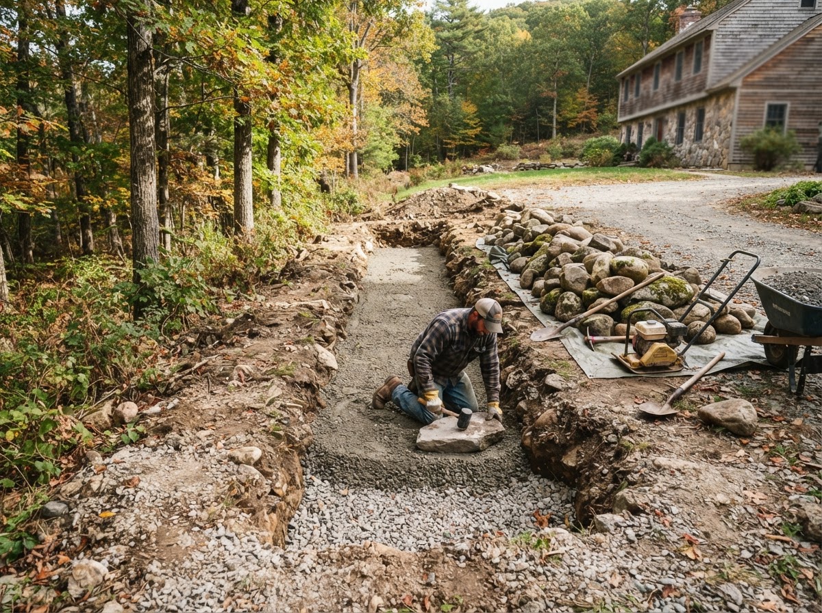 Base preparation for a natural stone wall at an Upton area New England property