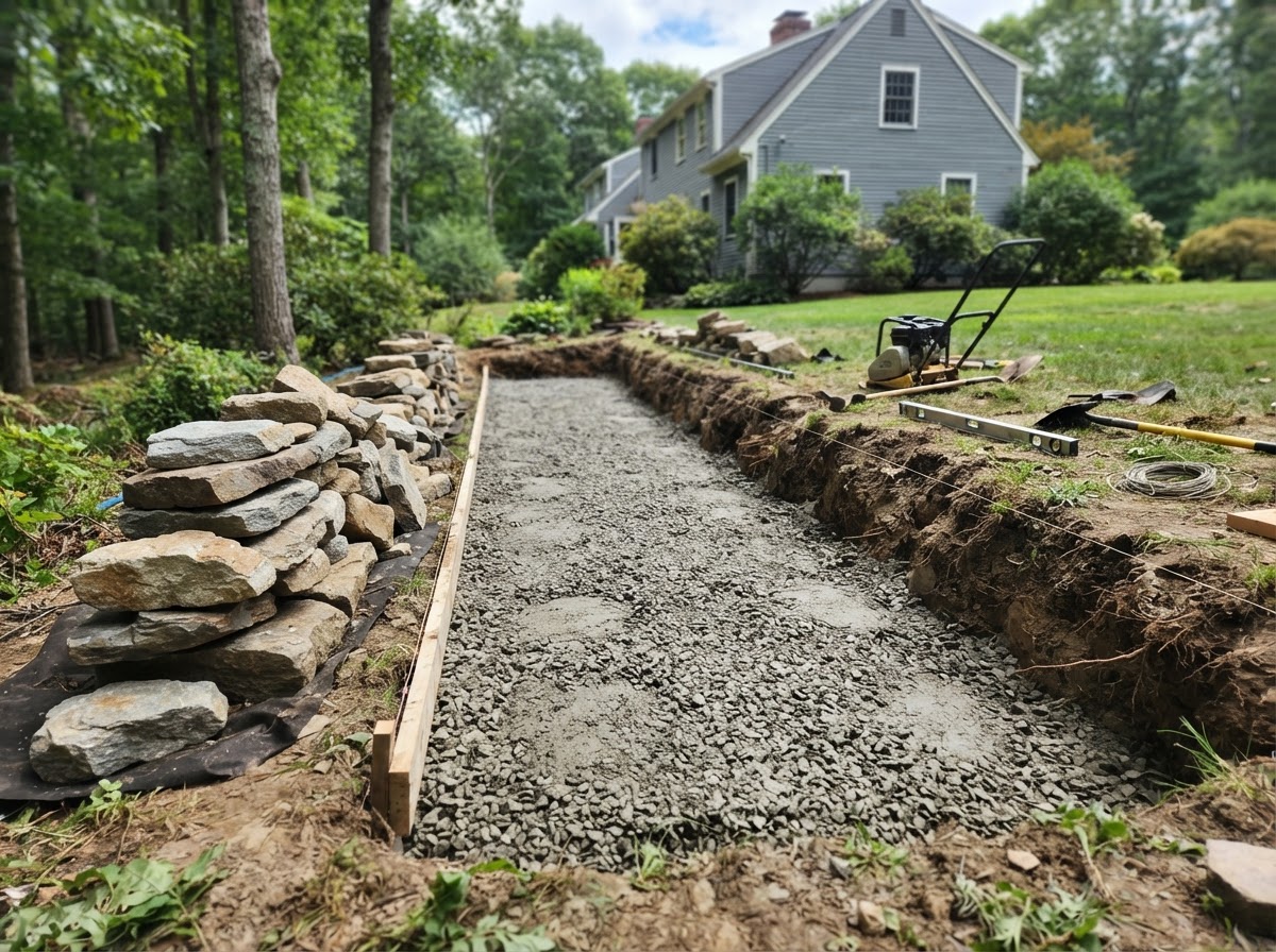 Prepared compacted base for a natural stone landscape wall in Hopkinton MA