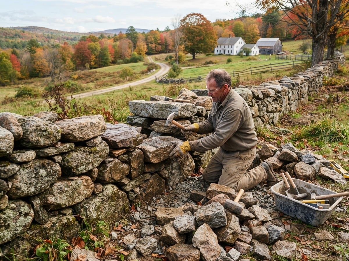 Fieldstone wall repair in Medway Massachusetts
