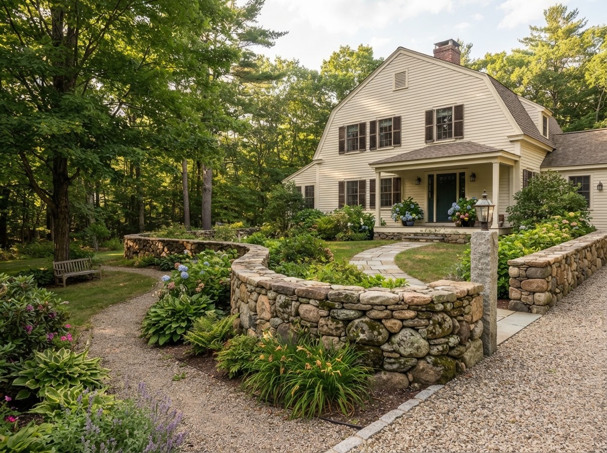 Finished natural fieldstone landscape wall near a Hopkinton New England residence