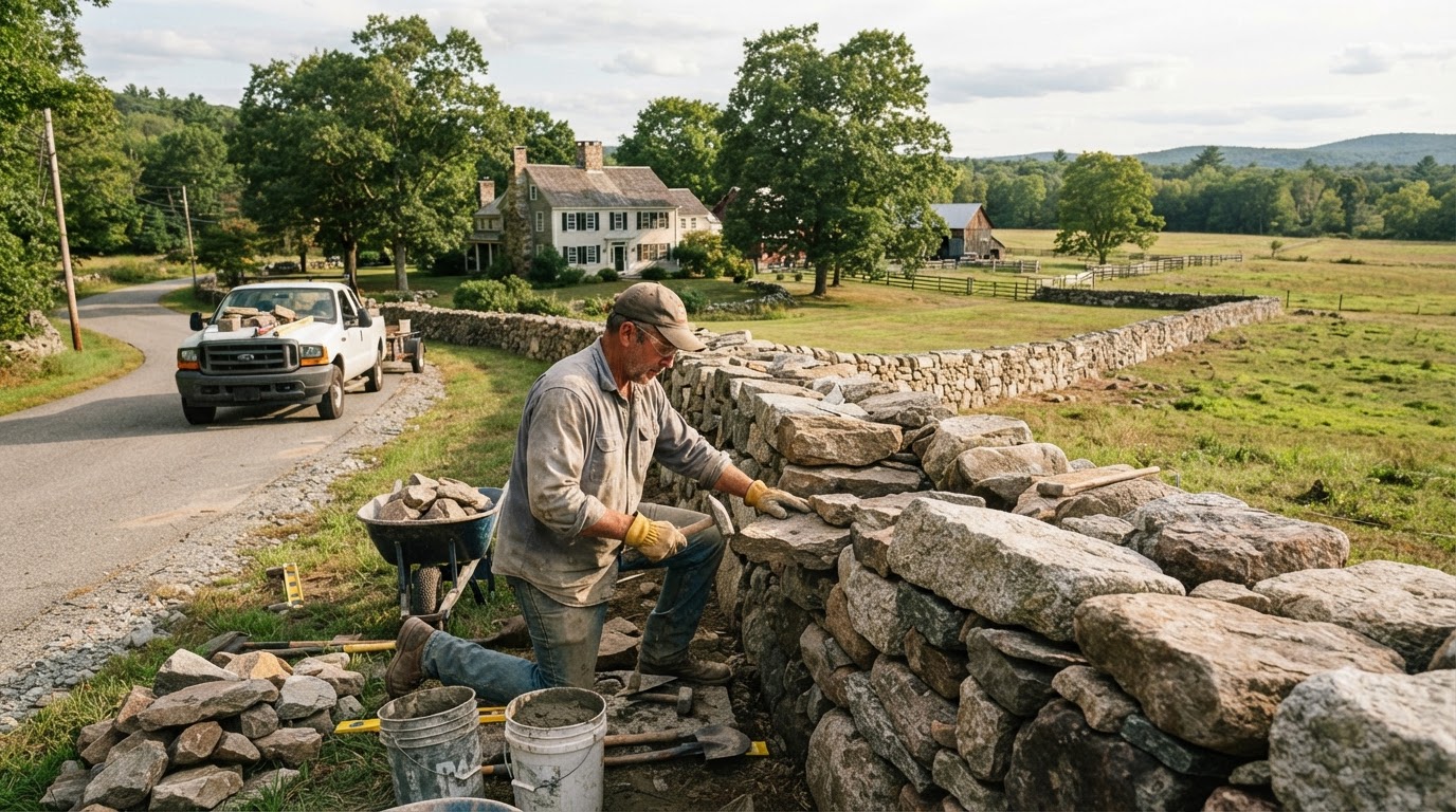 Masonry contractor building a fieldstone wall in Mendon Massachusetts