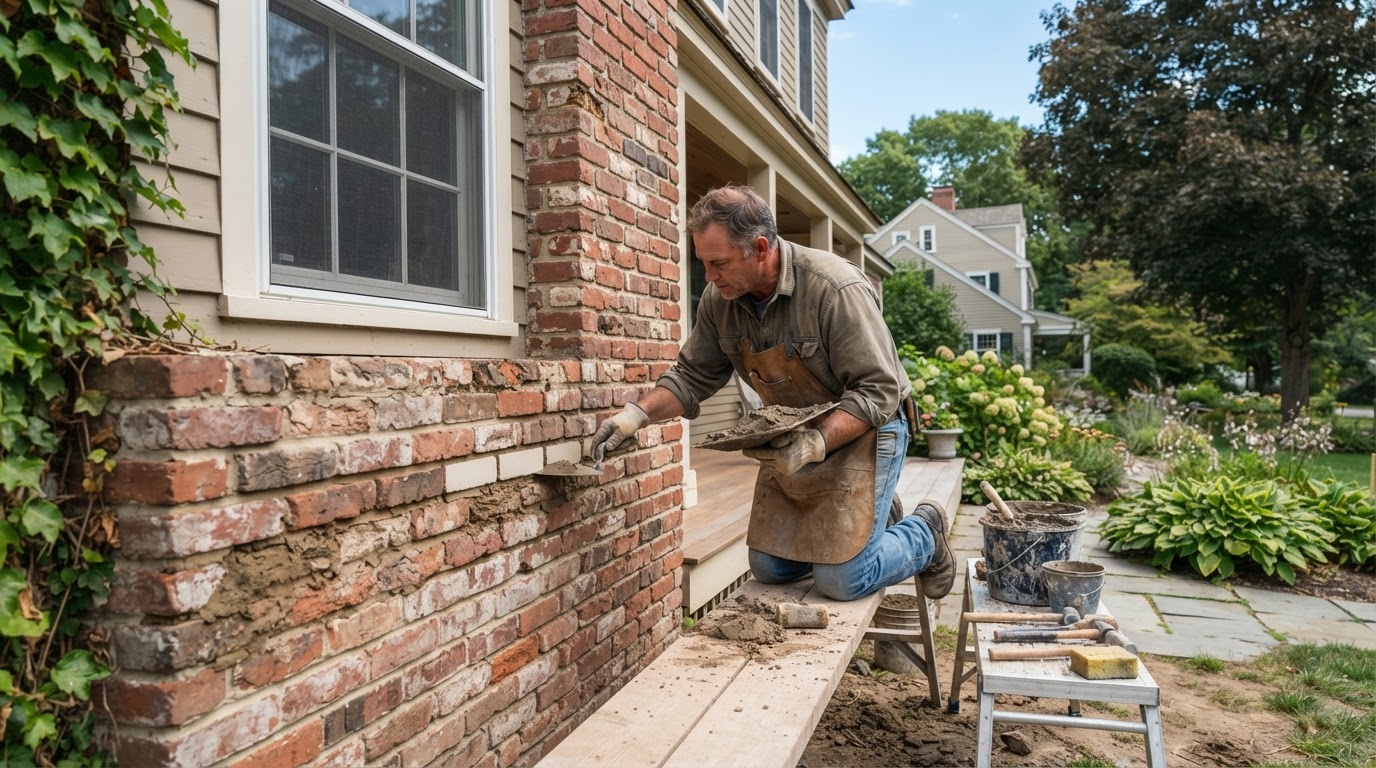 Mason repairing brick and mortar on a residential property in Milford, Massachusetts