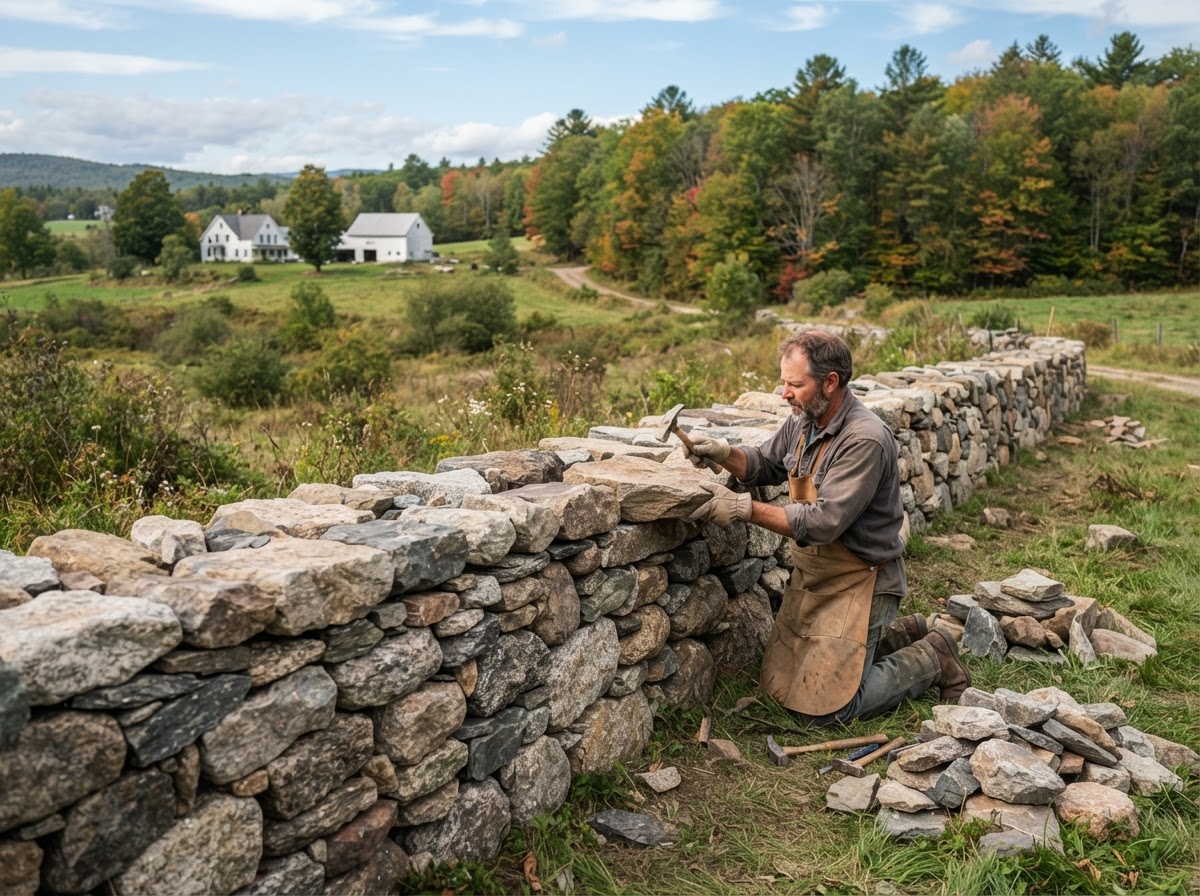 Traditional fieldstone wall in Mendon Massachusetts