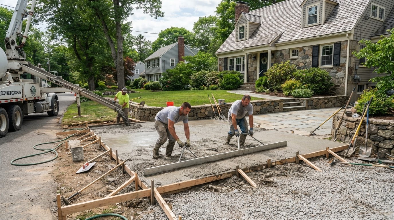 Concrete driveway installation in Milford Massachusetts