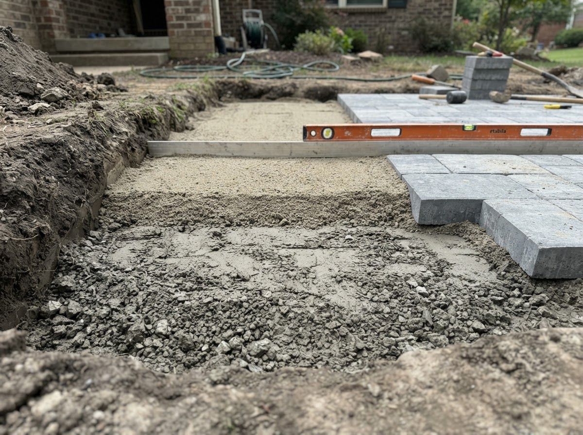 Compacted stone base prepared for patio installation in Franklin MA