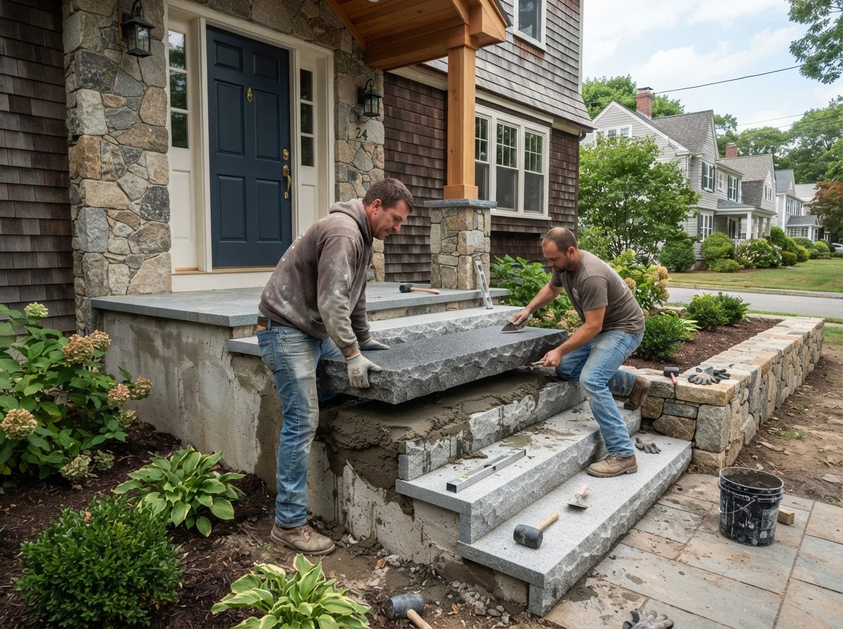 Granite stone step tread being professionally installed at an Upton residential entry