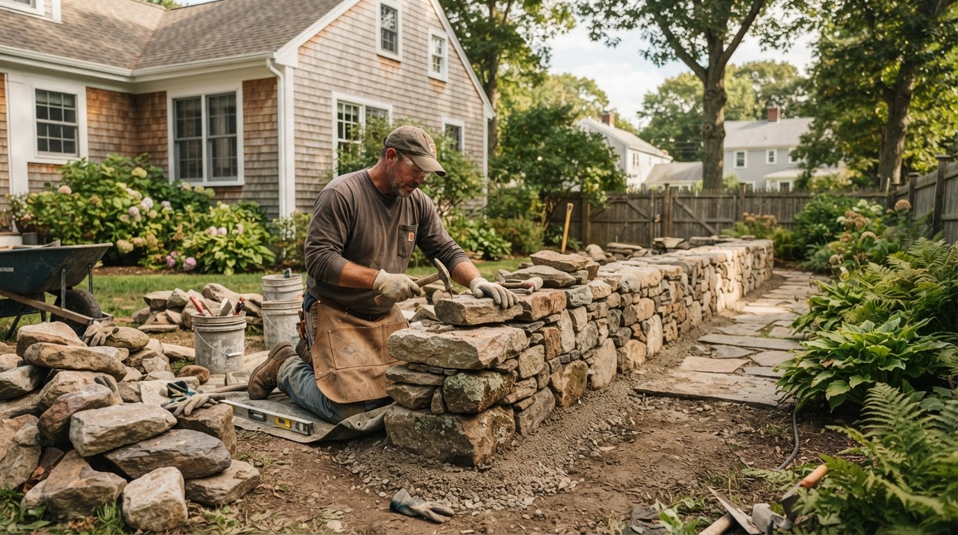 Stone wall installation in Milford Massachusetts