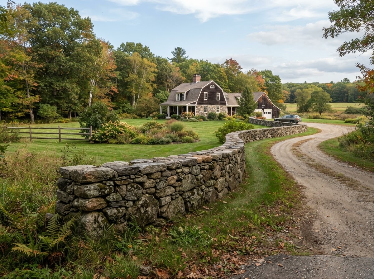 Finished natural stone wall on a larger Mendon Massachusetts residential property