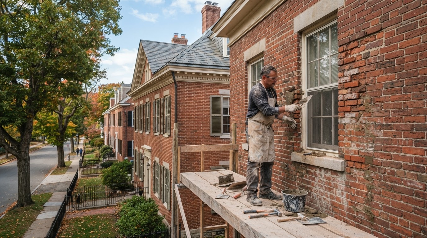Masonry contractor repairing older brick in Hopedale Massachusetts