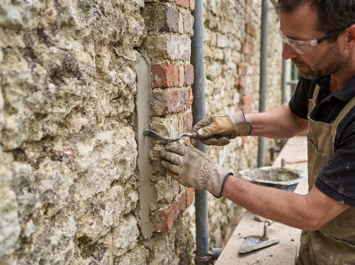 Fresh mortar joints being tooled during repointing in Franklin
