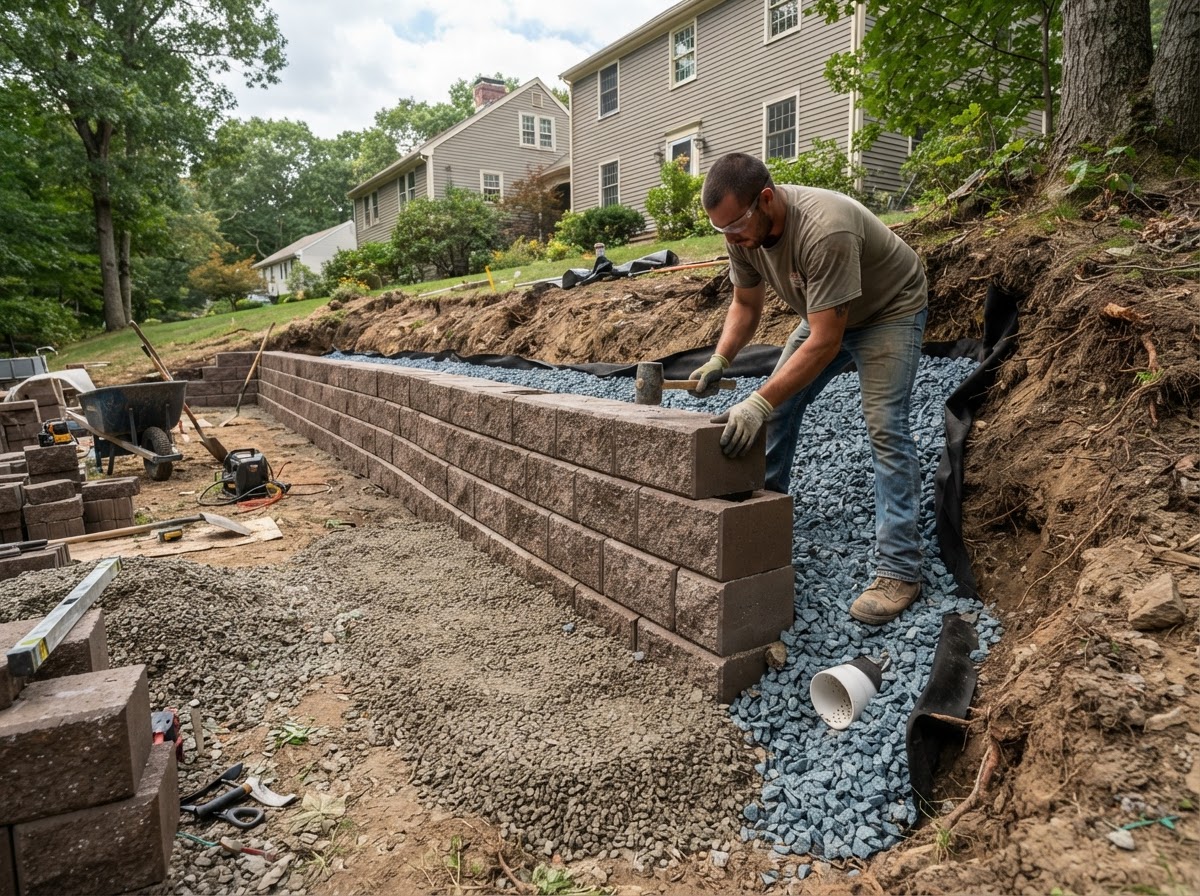 Retaining wall with drainage stone and compacted base in Medway MA