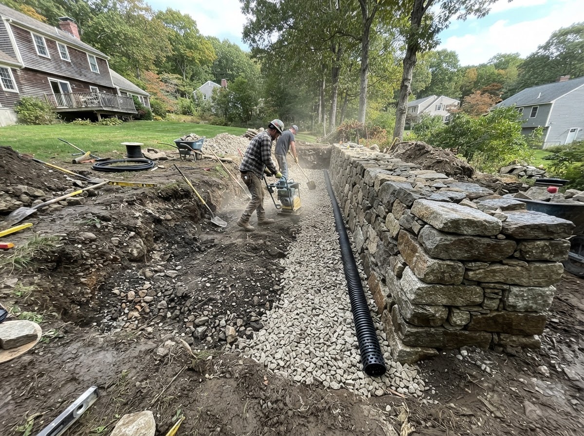 Drainage stone and backfill behind a retaining wall during installation in Bellingham