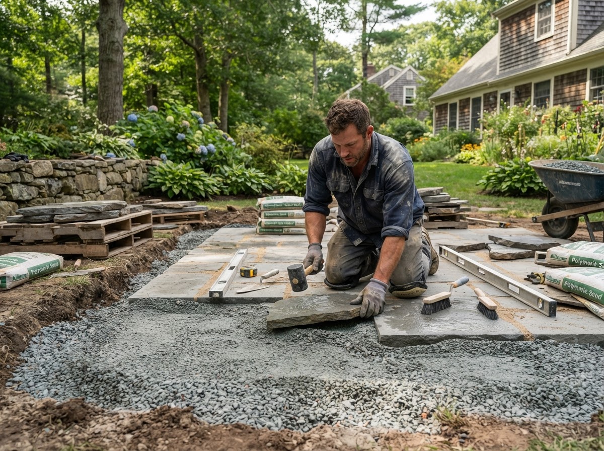 Stone patio installation with prepared aggregate base