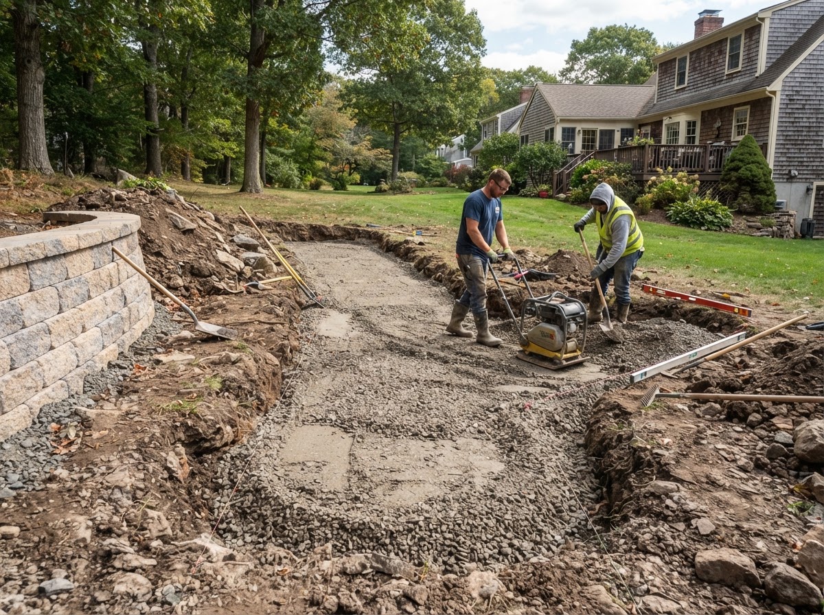 Compacted aggregate base preparation for a retaining wall in Bellingham MA