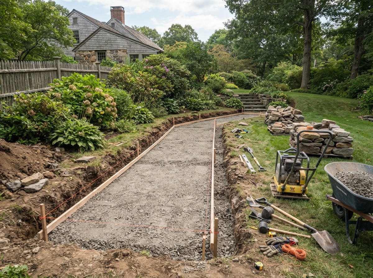 Prepared base for natural stone wall installation
