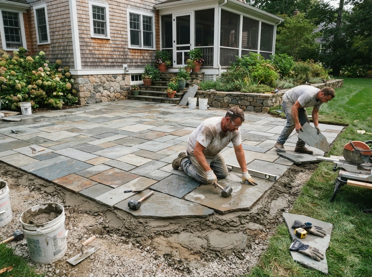 Bluestone patio installation in progress at a Hopkinton Massachusetts home