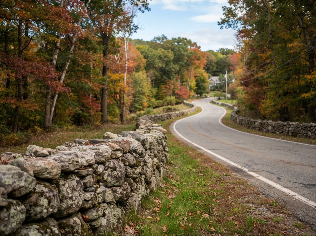 Traditional roadside stone wall in Holliston Massachusetts scenic road context