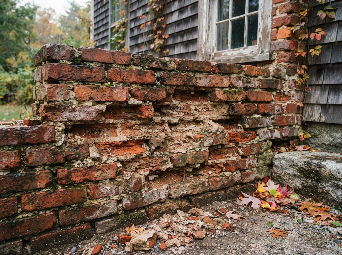 Weathered eroded mortar joints on older brick masonry in Holliston MA