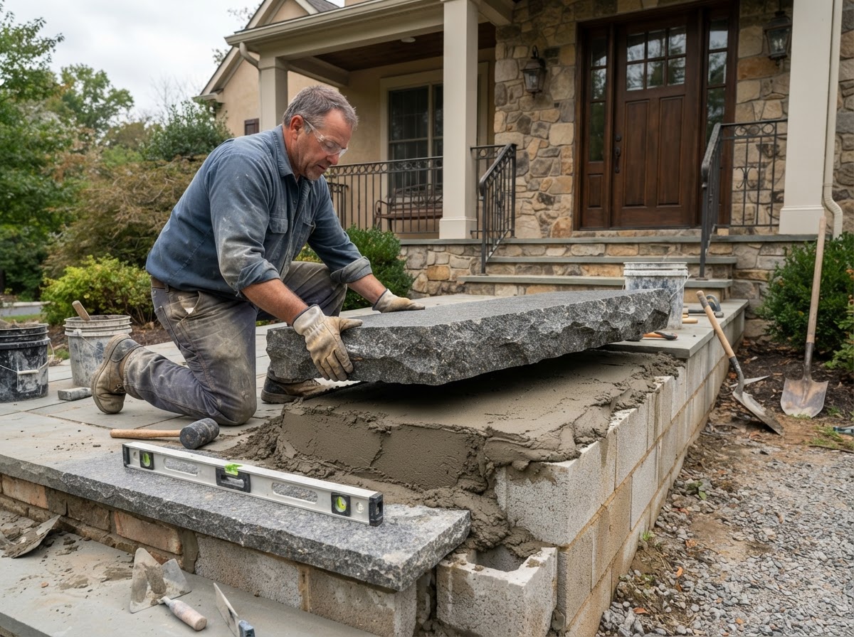 Granite step tread being professionally installed