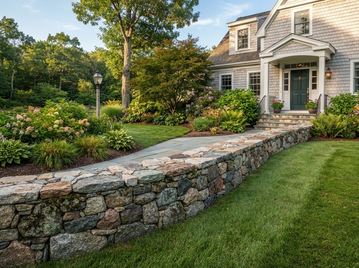 Finished natural stone landscape wall at a Massachusetts home