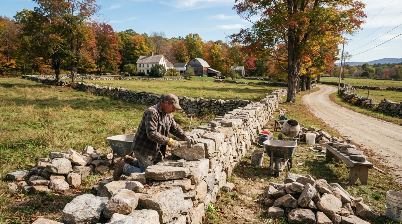 Stone wall installation on a rural Mendon Massachusetts residential property