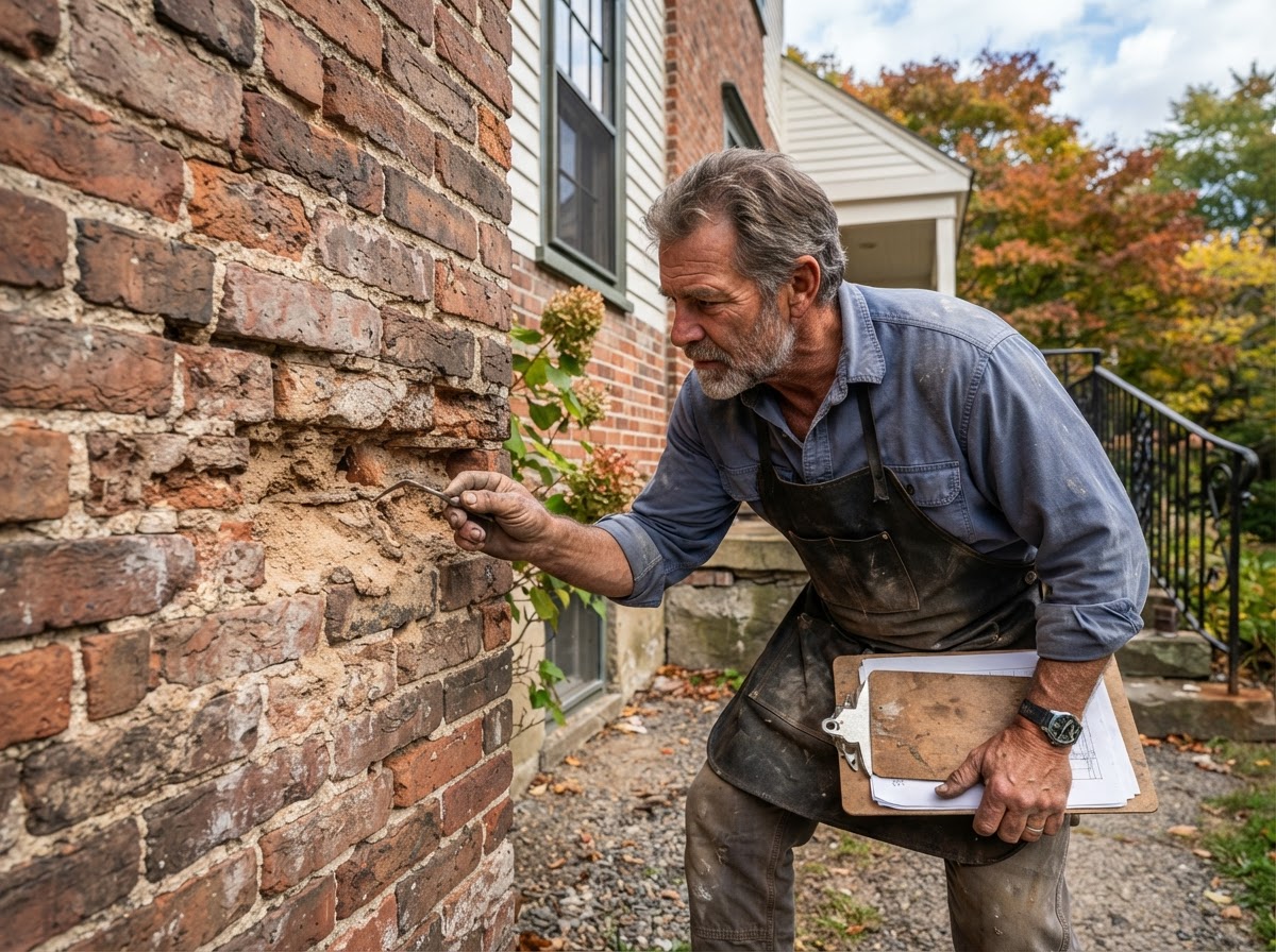 Mason inspecting brick and mortar joints before repair