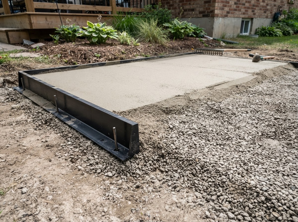 Compacted stone base prepared for patio installation in Medway MA