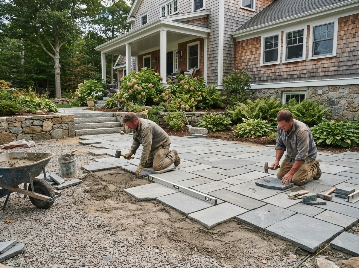 Stone patio installation at a Medway area home