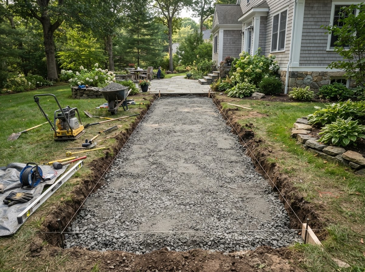 Compacted aggregate base for a residential masonry walkway