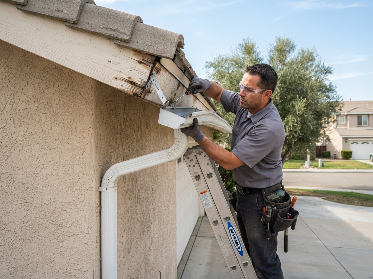 Residential gutter repair detail in Hemet CA