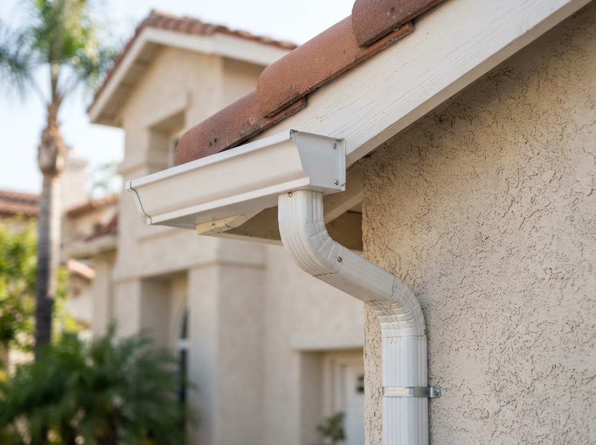 Seamless gutter corner and outlet detail in Redlands