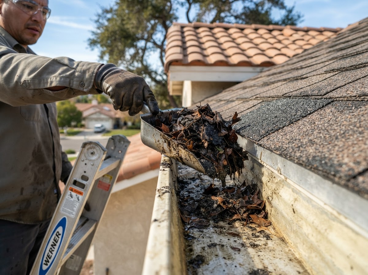 Residential gutter debris removal in Yucaipa